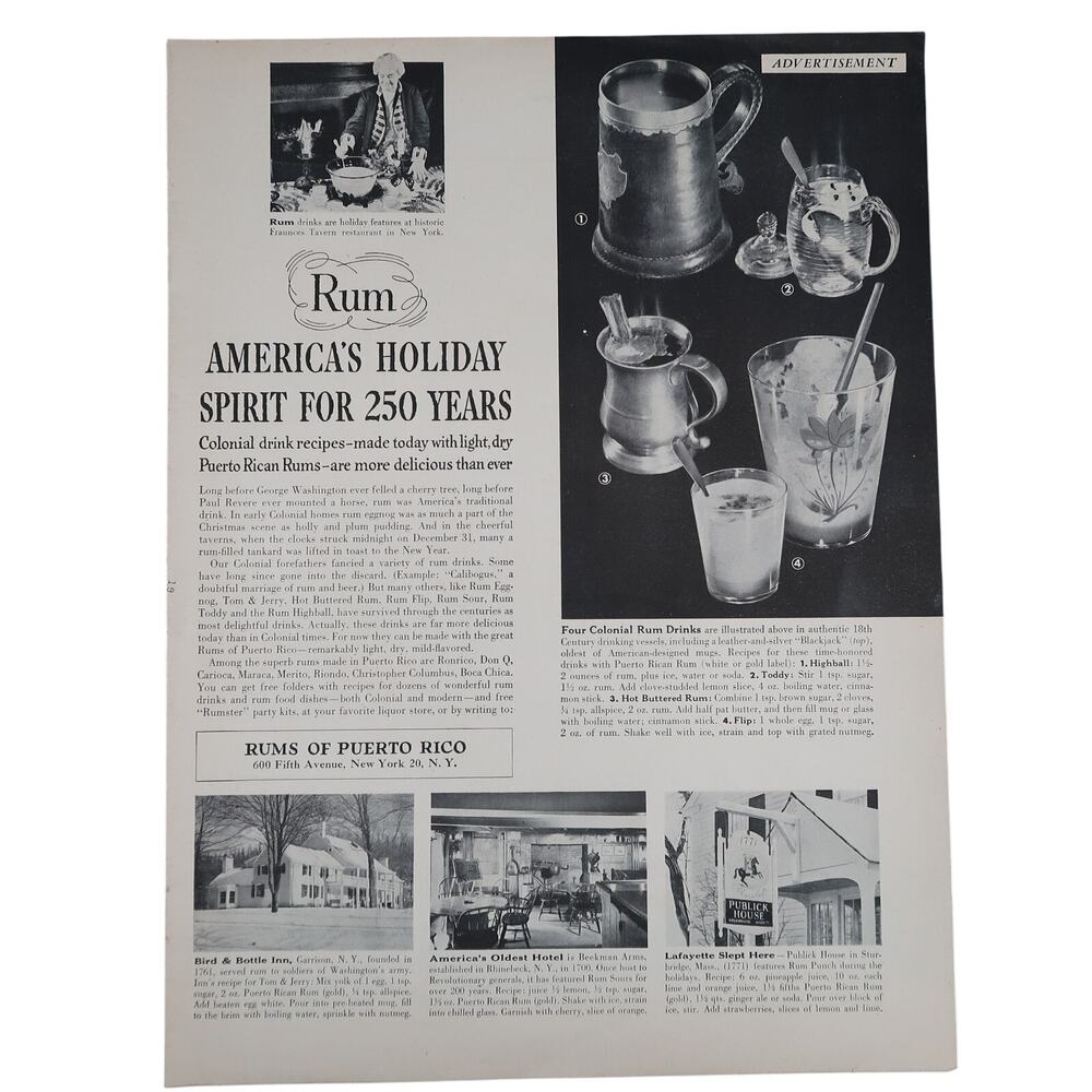 Rums of Puerto Rico Advertisement 1950s B&W Vintage Christmas New York Alcohol